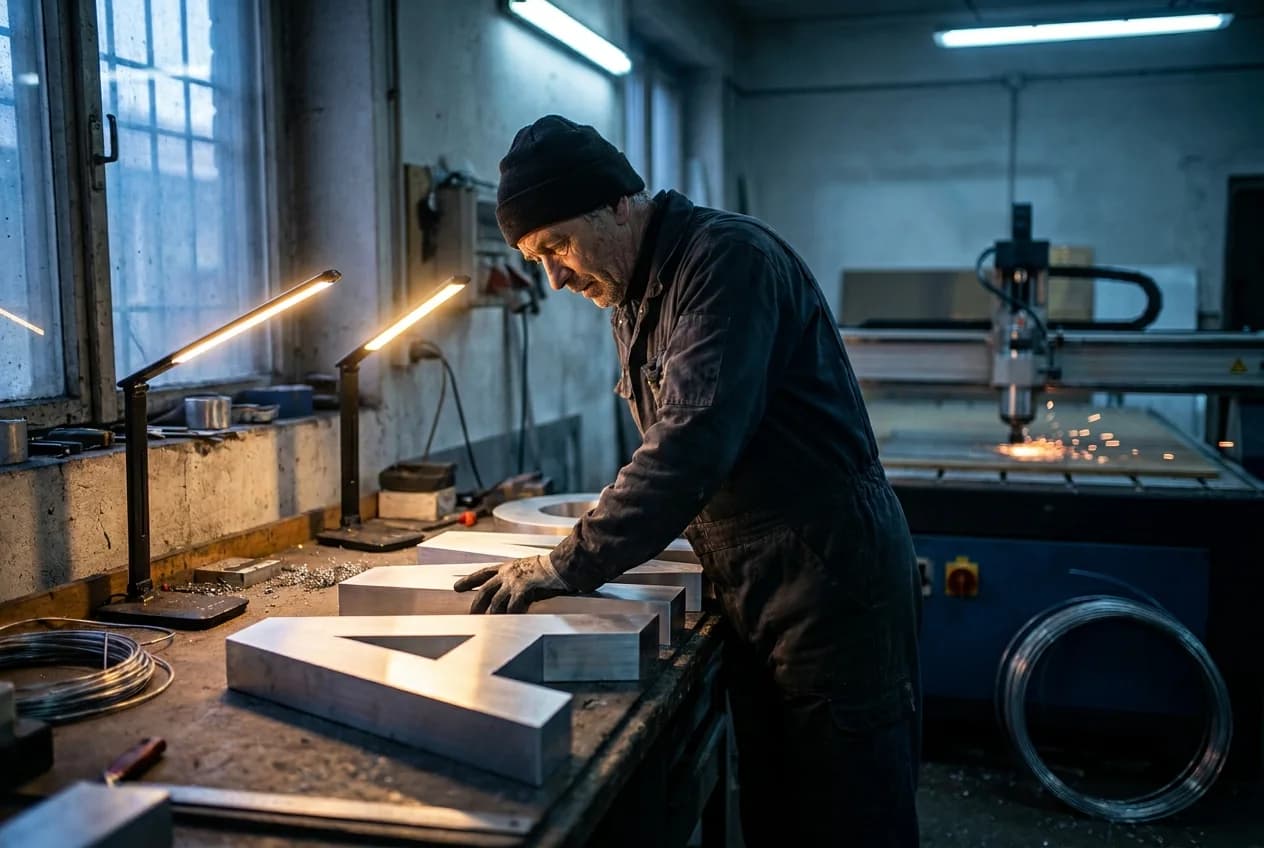 Sign maker inspecting cut aluminium letters in the workshop